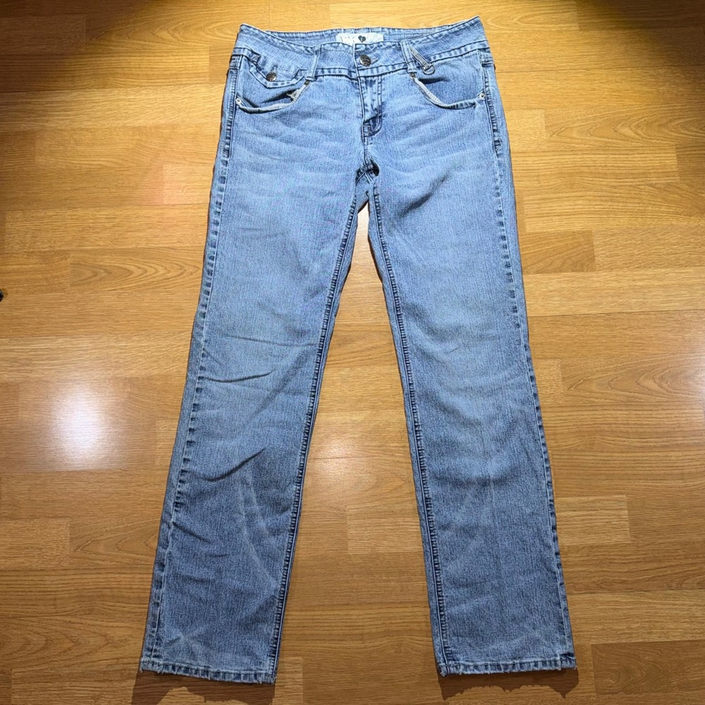 Jolt Womens Straight Leg Jeans Light Wash Blue Embroidered Low Rise Size 9 Y2K
